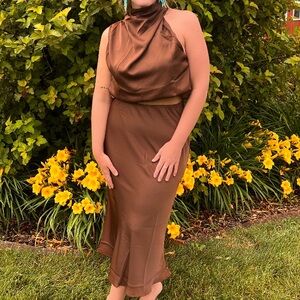 Brown satin two piece cocktail dress